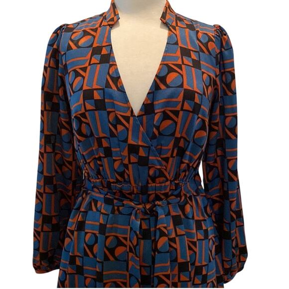 Women's Traffic People Blue Brown Geometic Print Dress Tie Belt Size Small - Picture 2 of 7